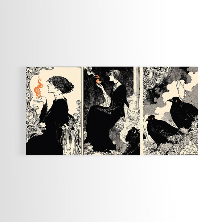 The Red-Eyed Night Hag, Decadent Line Art, Wide Panoramic Art, Dark Fantasy Wall Art, Framed Canvas Print, Halloween Wall Art
