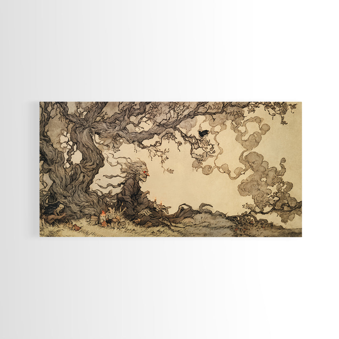 The Red-Eyed Night Hag, Gothic Storybook Art, Wide Panoramic Art, Macabre Wall Art, Canvas Print, Halloween Wall Art