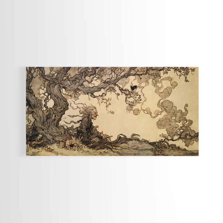 The Red-Eyed Night Hag, Gothic Storybook Art, Wide Panoramic Art, Macabre Wall Art, Canvas Print, Halloween Wall Art