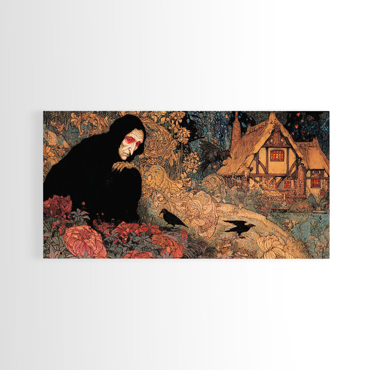 The Red-Eyed Night Hag, Stained Glass Gothic Art, Wide Panoramic Art, Dark Fantasy Wall Art, Canvas Print, Halloween Wall Art