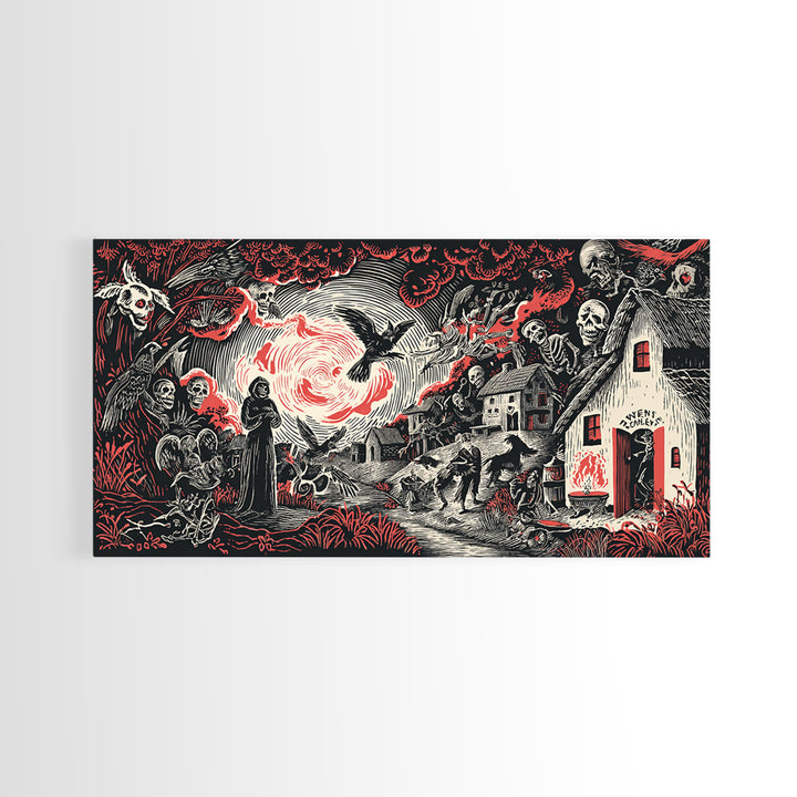 The Red-Eyed Night Hag, Macabre Folk Print Art, Wide Panoramic Art, Gothic Horror Wall Art, Canvas Print, Halloween Wall Art