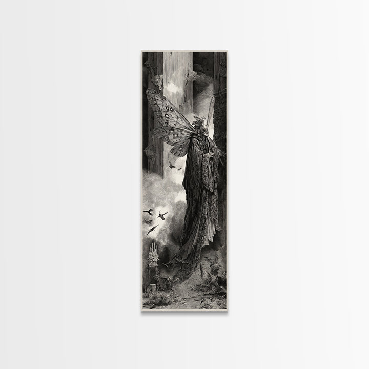 The Velvet Moth Witch, Gothic Engraving Art, Tall Narrow Wall Art, Gothic Horror Wall Art, Canvas Print, Halloween Wall Art
