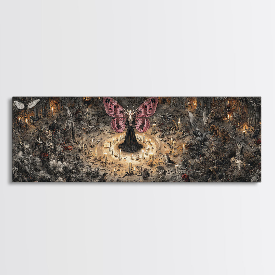 The Velvet Moth Witch, Medieval Grotesque Art, Extra Wide Wall Art, Dark Halloween Decor, Canvas Print, Halloween Wall Art