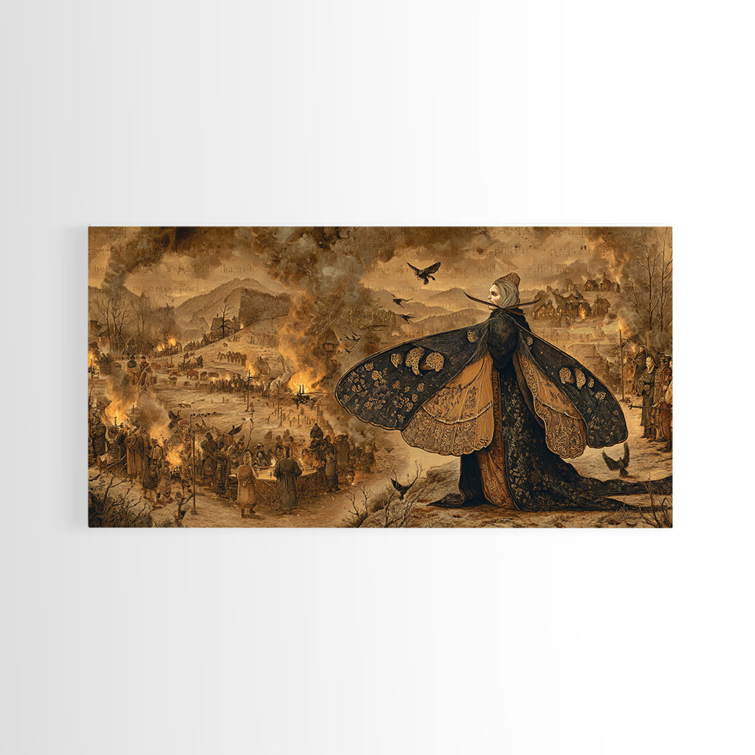 The Velvet Moth Witch, Northern Renaissance Horror, Wide Panoramic Art, Gothic Horror Wall Art, Framed Canvas Print