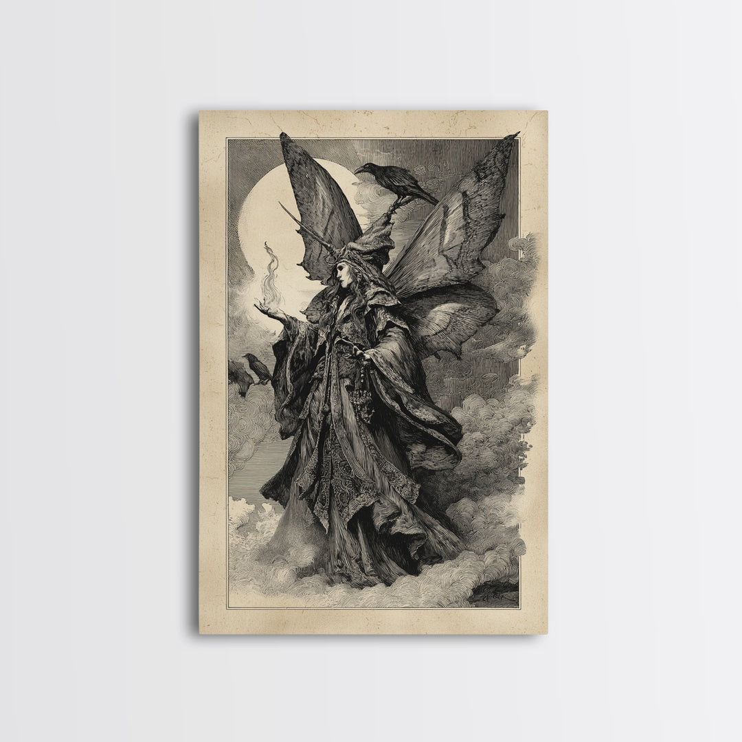 The Velvet Moth Witch, Renaissance Engraving Art, Vertical Wall Art, Gothic Horror Wall Art, Framed Canvas Print, Halloween Wall Art