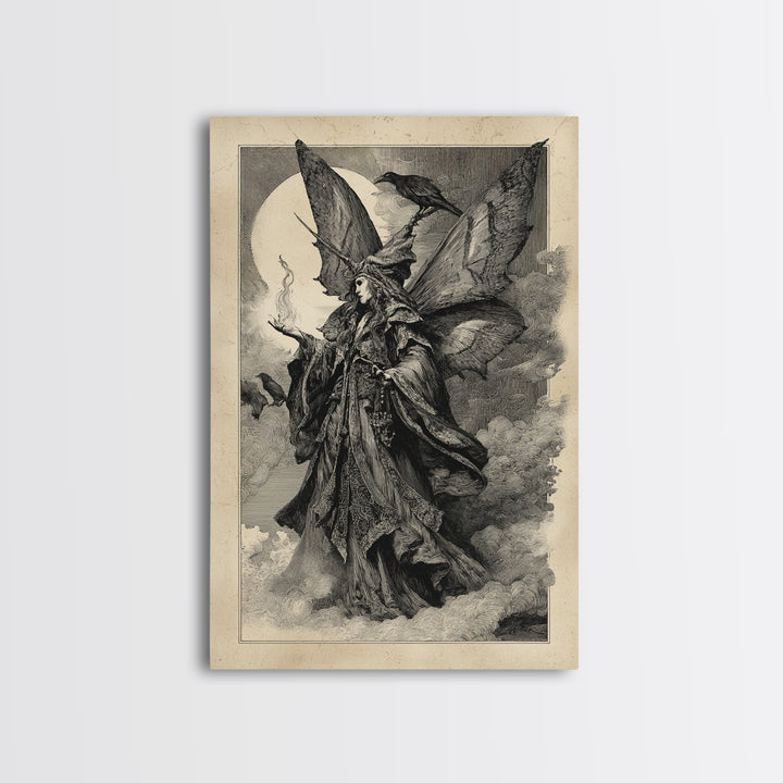 The Velvet Moth Witch, Renaissance Engraving Art, Vertical Wall Art, Gothic Horror Wall Art, Framed Canvas Print, Halloween Wall Art