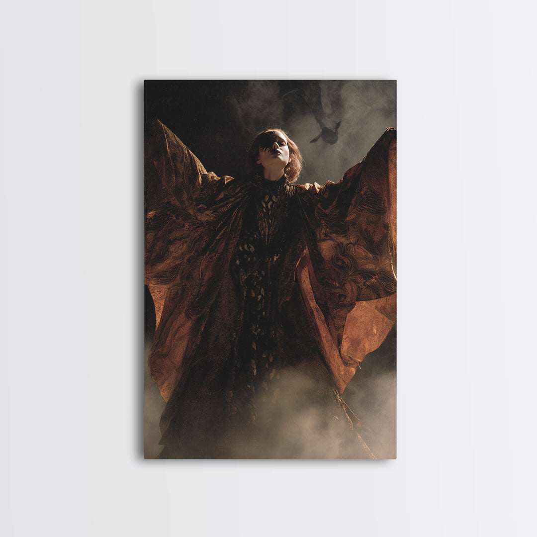 The Velvet Moth Witch, Visionary Gothic Art, Vertical Wall Art, Dark Halloween Decor, Canvas Print, Halloween Wall Art