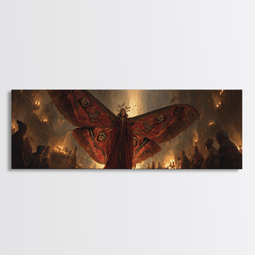 The Velvet Moth Witch, Apocalyptic Romantic Art, Extra Wide Wall Art, Macabre Wall Art, Framed Canvas Print, Halloween Wall Art