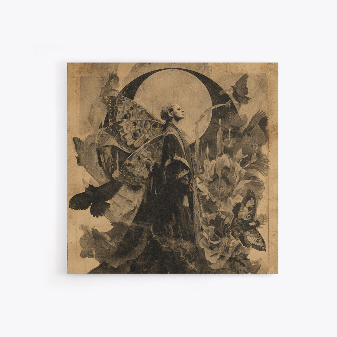 The Velvet Moth Witch, Symbolist Dream Art, Square Wall Art, Dark Fantasy Wall Art, Framed Canvas Print, Halloween Wall Art