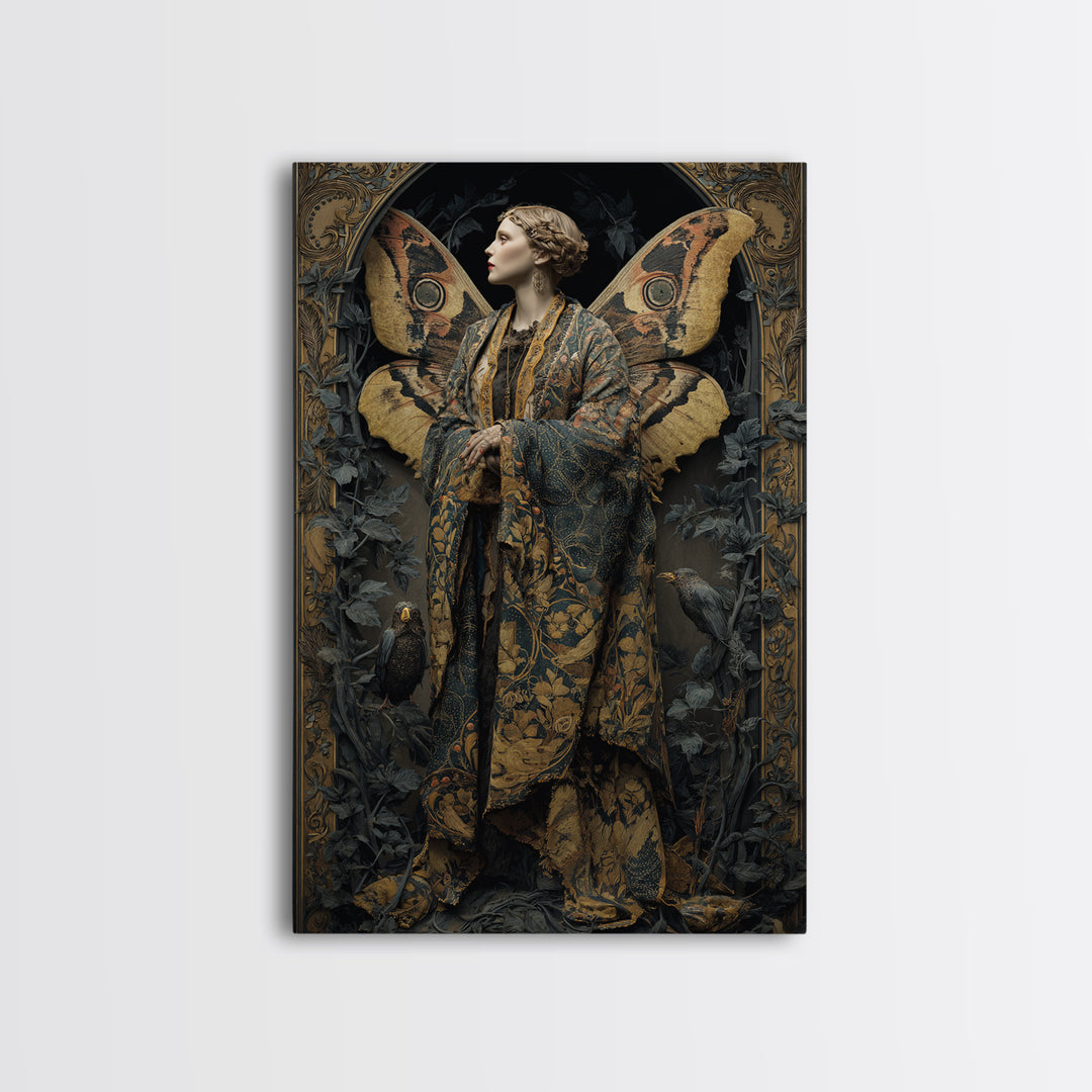 The Velvet Moth Witch, Ornate Symbolist Art, Vertical Wall Art, Gothic Horror Wall Art, Framed Canvas Print, Halloween Wall Art
