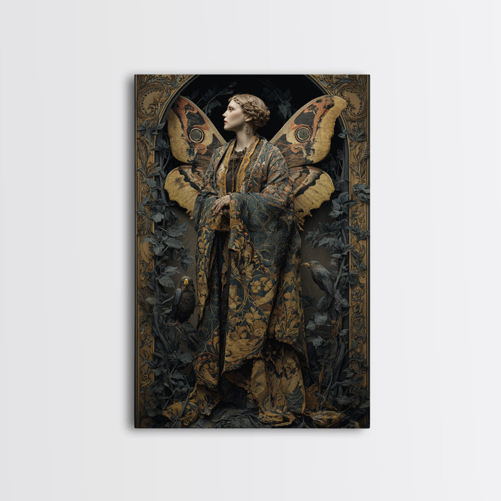 The Velvet Moth Witch, Ornate Symbolist Art, Vertical Wall Art, Gothic Horror Wall Art, Framed Canvas Print, Halloween Wall Art