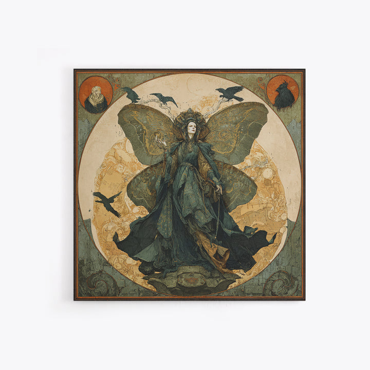 The Velvet Moth Witch, Symbolist Etching Art, Square Wall Art, Gothic Horror Wall Art, Canvas Print, Halloween Wall Art