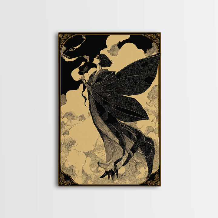 The Velvet Moth Witch, Decadent Line Art, Vertical Wall Art, Gothic Horror Wall Art, Canvas Print, Halloween Wall Art