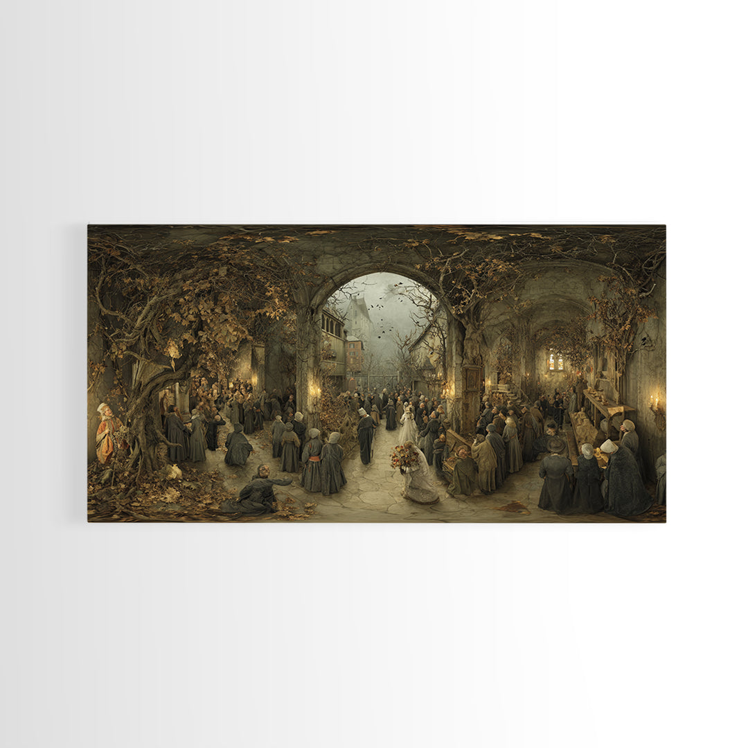 The Ghostly Groom, Northern Renaissance Horror, Wide Panoramic Art, Macabre Wall Art, Framed Canvas Print, Halloween Wall Art
