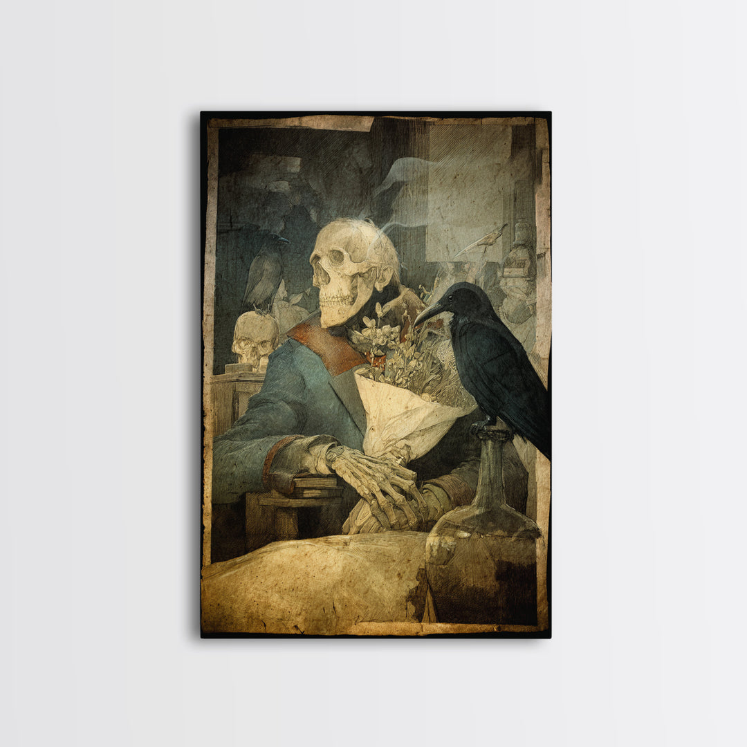 The Ghostly Groom, Symbolist Etching Art, Vertical Wall Art, Dark Fantasy Wall Art, Framed Canvas Print, Halloween Wall Art