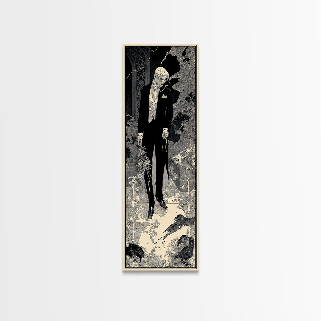 The Ghostly Groom, Decadent Line Art, Tall Narrow Wall Art, Dark Fantasy Wall Art, Framed Canvas Print, Halloween Wall Art