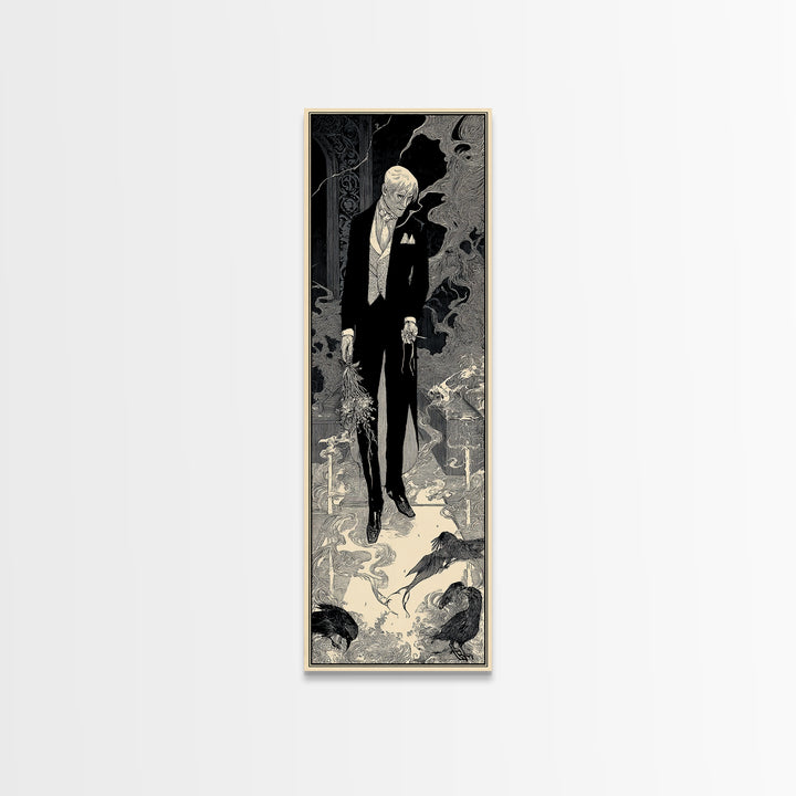 The Ghostly Groom, Decadent Line Art, Tall Narrow Wall Art, Dark Fantasy Wall Art, Framed Canvas Print, Halloween Wall Art