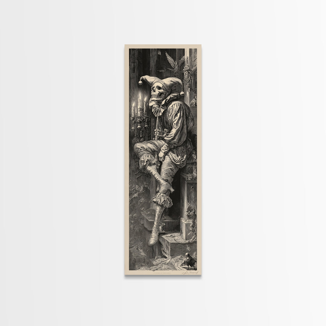 The Phantom Jester, Gothic Engraving Art, Tall Narrow Wall Art, Dark Fantasy Wall Art, Framed Canvas Print, Halloween Wall Art