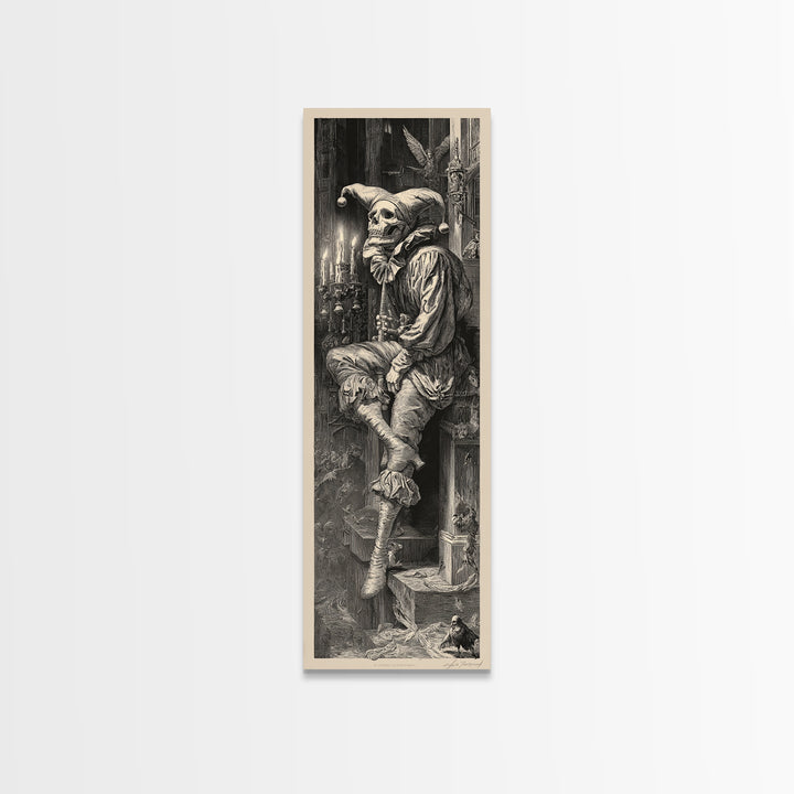 The Phantom Jester, Gothic Engraving Art, Tall Narrow Wall Art, Dark Fantasy Wall Art, Framed Canvas Print, Halloween Wall Art