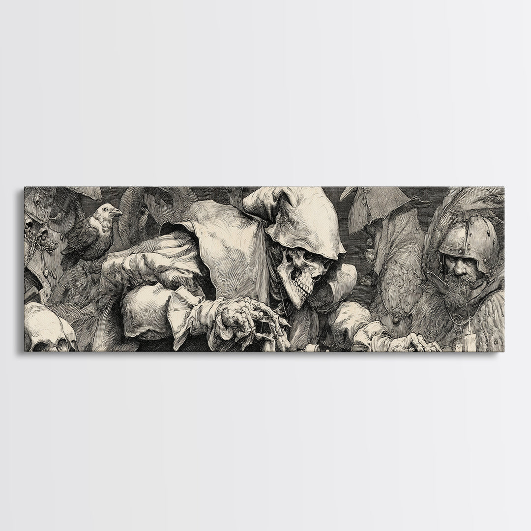 The Phantom Jester, Renaissance Engraving Art, Extra Wide Wall Art, Dark Halloween Decor, Canvas Print, Halloween Wall Art