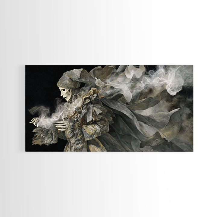 The Phantom Jester, Visionary Gothic Art, Wide Panoramic Art, Macabre Wall Art, Framed Canvas Print, Halloween Wall Art