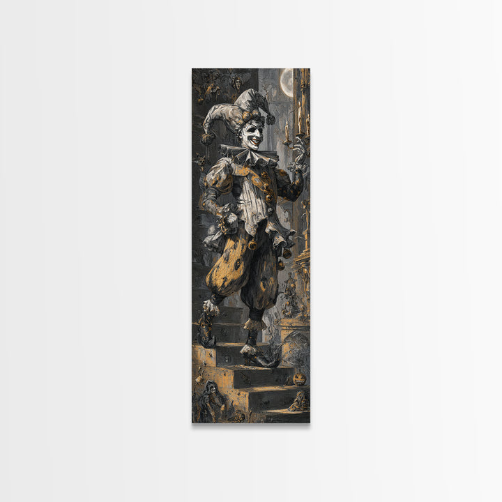The Phantom Jester, Architectural Etching Art, Tall Narrow Wall Art, Gothic Horror Wall Art, Framed Canvas Print