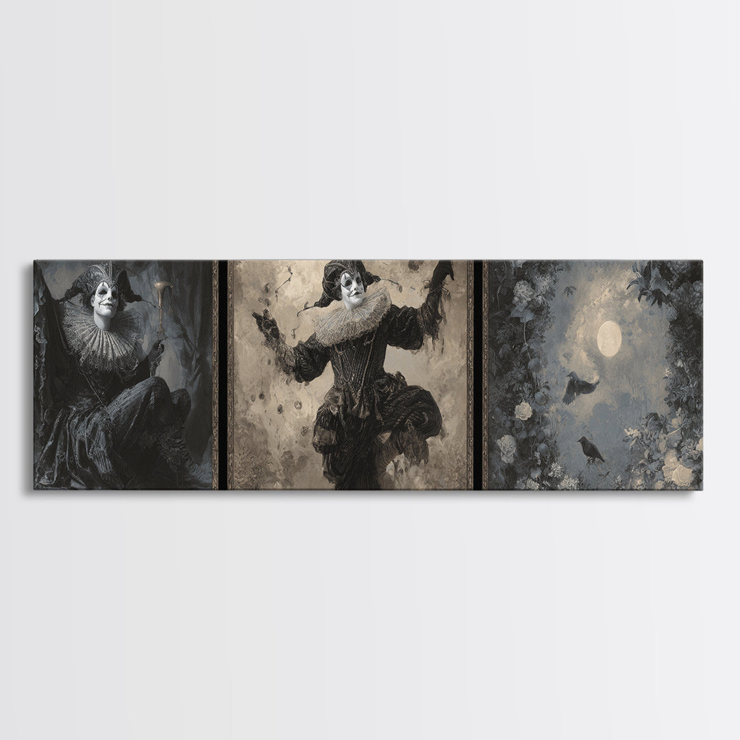 The Phantom Jester, Symbolist Dream Art, Extra Wide Wall Art, Macabre Wall Art, Framed Canvas Print, Halloween Wall Art