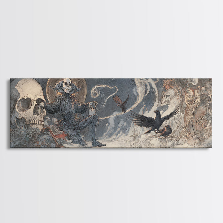 The Phantom Jester, Symbolist Death Art, Extra Wide Wall Art, Dark Fantasy Wall Art, Framed Canvas Print, Halloween Wall Art