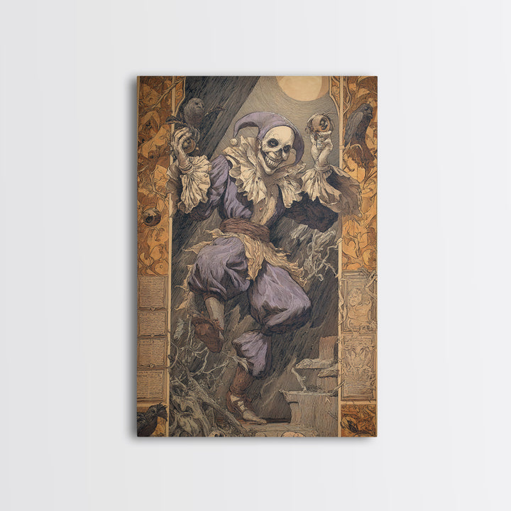The Phantom Jester, Symbolist Etching Art, Vertical Wall Art, Dark Halloween Decor, Framed Canvas Print, Halloween Wall Art