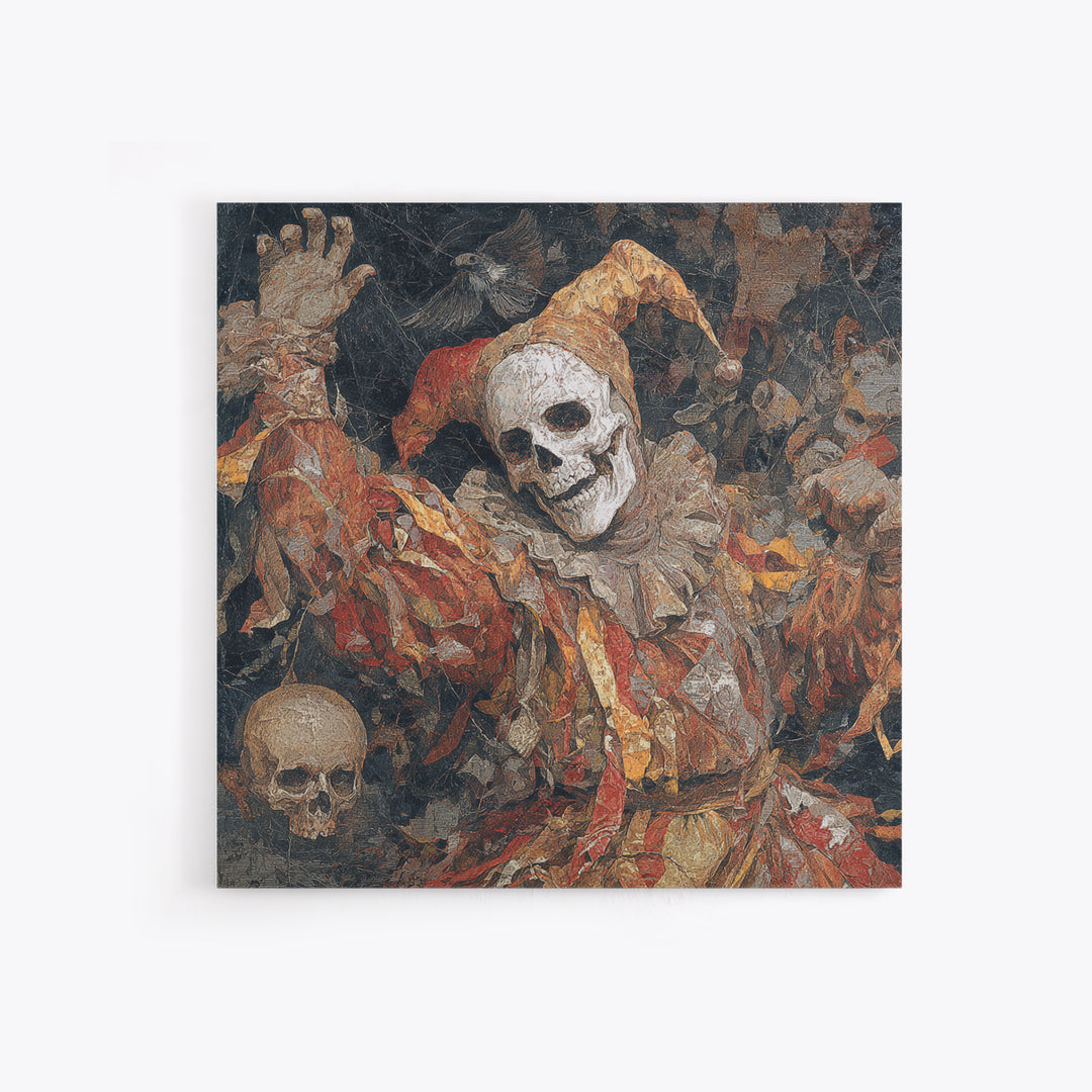 The Phantom Jester, Grotesque Carnival Art, Square Wall Art, Macabre Wall Art, Framed Canvas Print, Halloween Wall Art, Halloween Decor