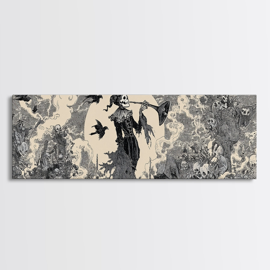 The Phantom Jester, Decadent Line Art, Extra Wide Wall Art, Gothic Horror Wall Art, Framed Canvas Print, Halloween Wall Art