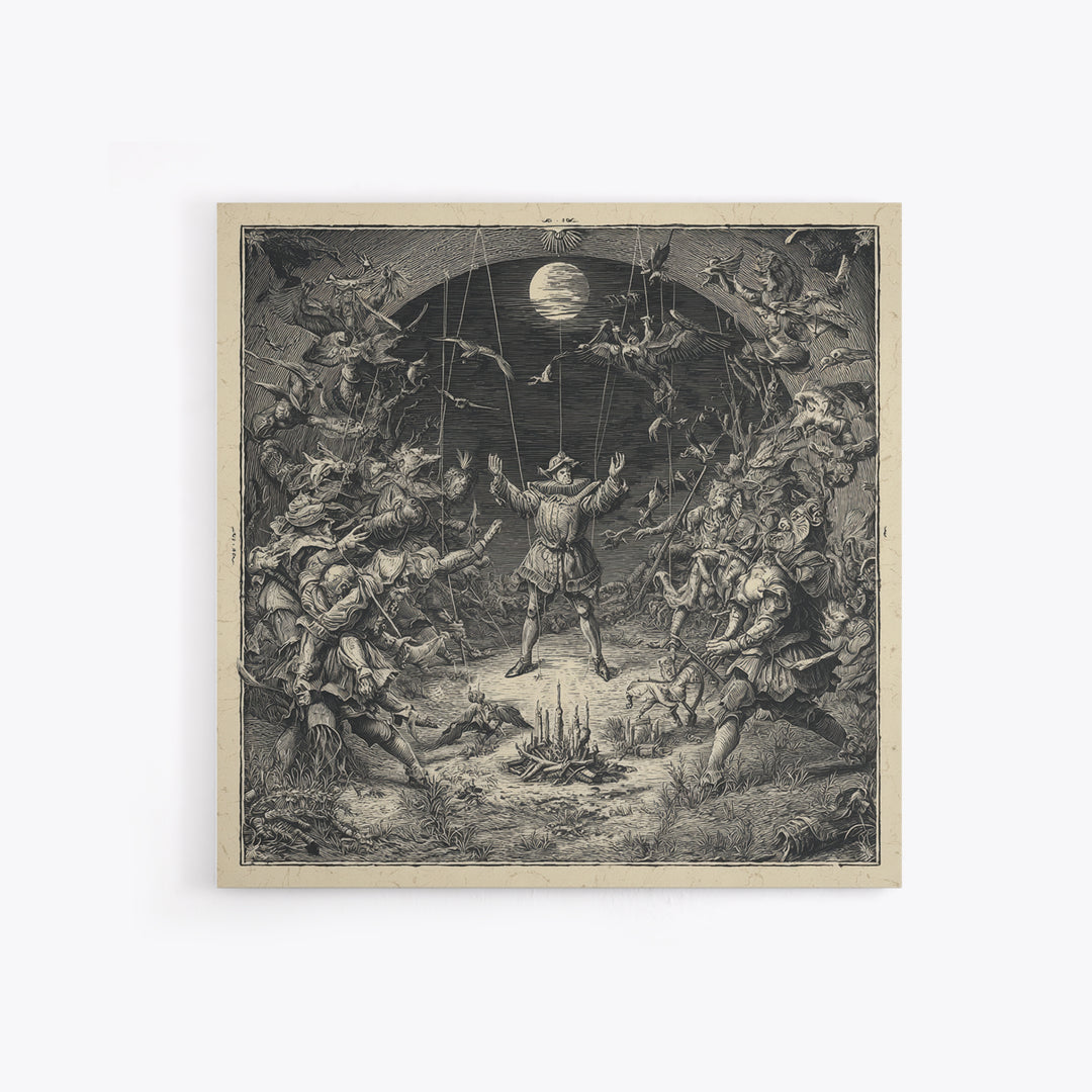 The Marionette Master, Renaissance Engraving Art, Square Wall Art, Dark Halloween Decor, Framed Canvas Print, Halloween Wall Art