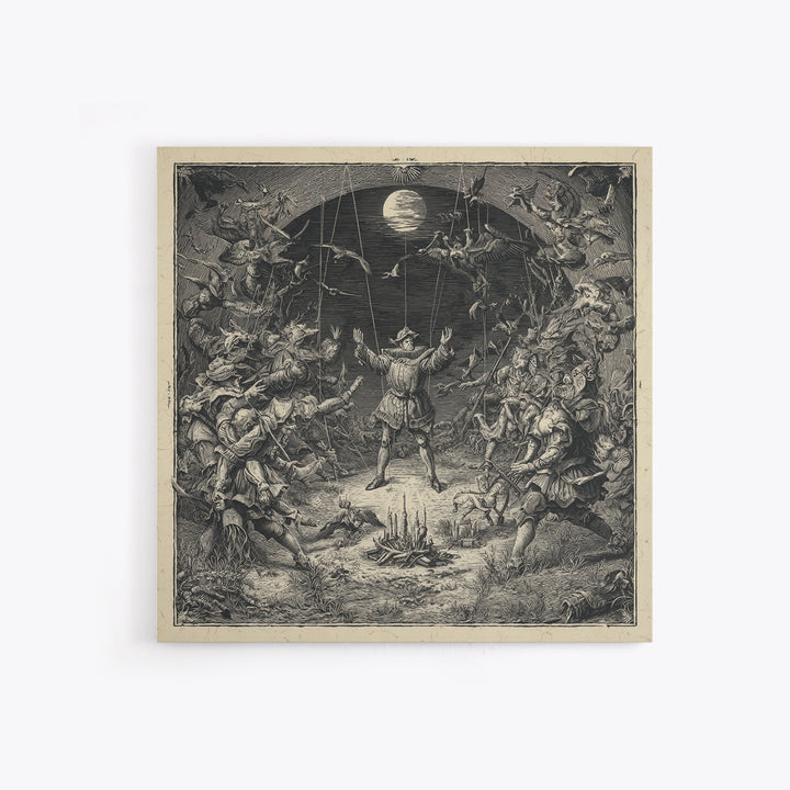 The Marionette Master, Renaissance Engraving Art, Square Wall Art, Dark Halloween Decor, Framed Canvas Print, Halloween Wall Art