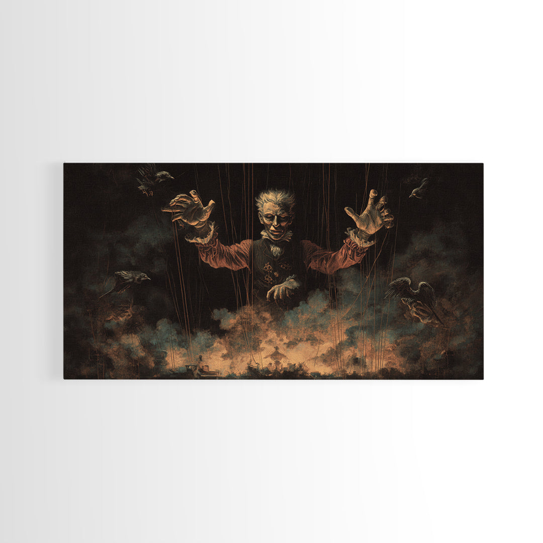 The Marionette Master, Visionary Gothic Art, Wide Panoramic Art, Dark Halloween Decor, Framed Canvas Print, Halloween Wall Art