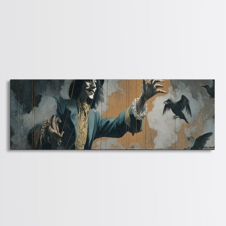 The Marionette Master, Symbolist Etching Art, Extra Wide Wall Art, Dark Halloween Decor, Framed Canvas Print, Halloween Wall Art