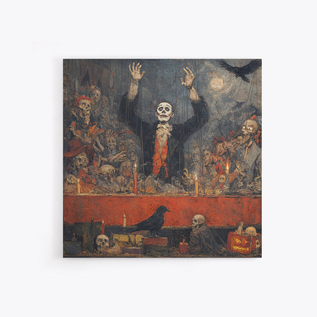 The Marionette Master, Grotesque Carnival Art, Square Wall Art, Dark Halloween Decor, Framed Canvas Print, Halloween Wall Art