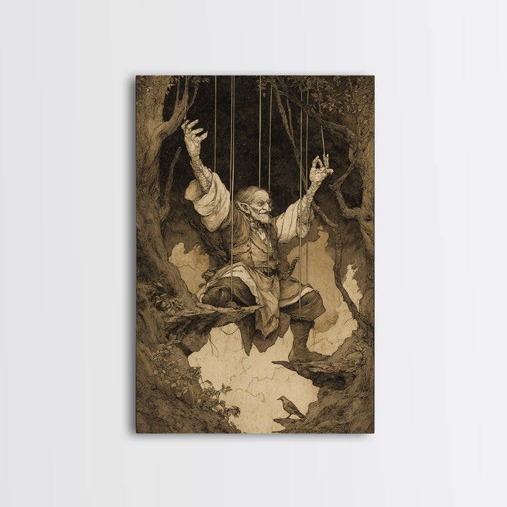 The Marionette Master, Gothic Storybook Art, Vertical Wall Art, Gothic Horror Wall Art, Canvas Print, Halloween Wall Art