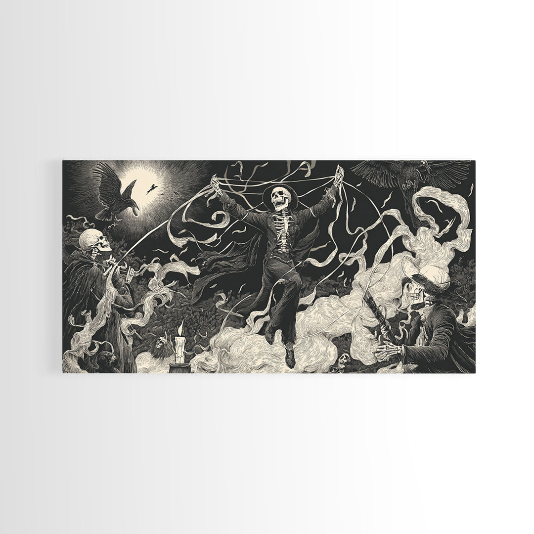 The Marionette Master, Macabre Folk Print Art, Wide Panoramic Art, Dark Halloween Decor, Framed Canvas Print, Halloween Wall Art