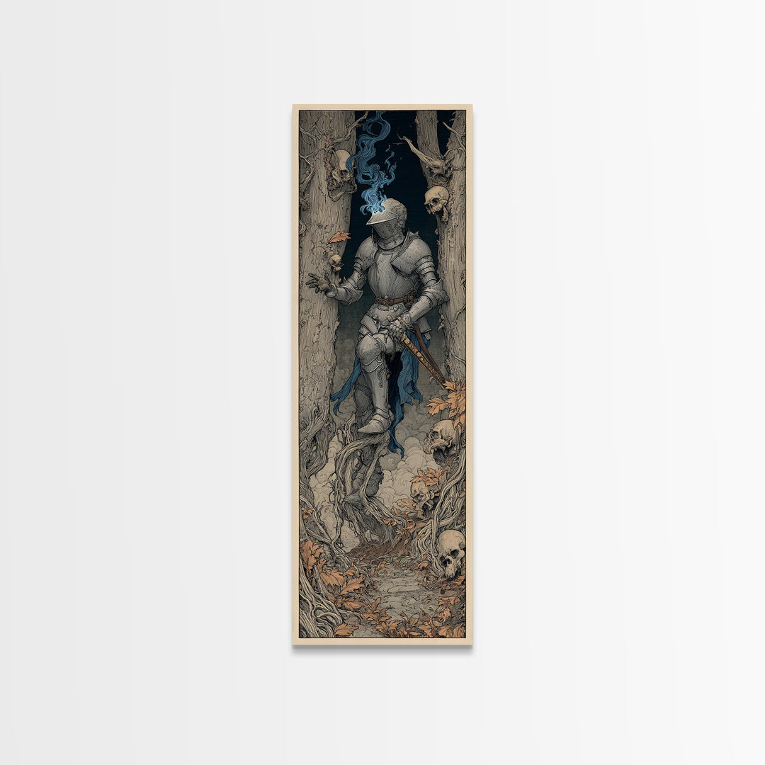 The Spectral Knight, Gothic Storybook Art, Tall Narrow Wall Art, Gothic Horror Wall Art, Framed Canvas Print, Halloween Wall Art