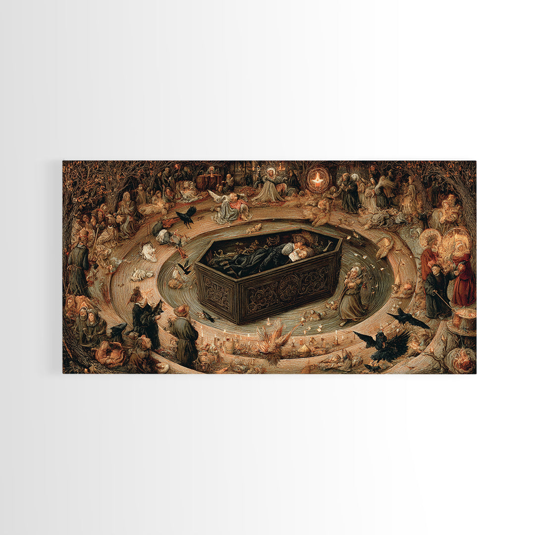 The Coffin Sleeper, Northern Renaissance Horror, Wide Panoramic Art, Dark Halloween Decor, Canvas Print, Halloween Wall Art