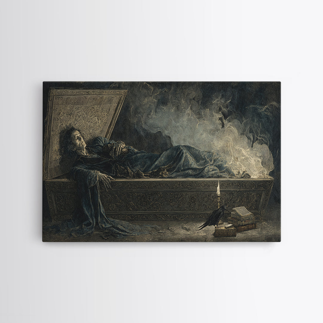 The Coffin Sleeper, Visionary Gothic Art, Wide Panoramic Art, Dark Fantasy Wall Art, Framed Canvas Print, Halloween Wall Art