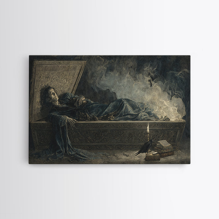 The Coffin Sleeper, Visionary Gothic Art, Wide Panoramic Art, Dark Fantasy Wall Art, Framed Canvas Print, Halloween Wall Art
