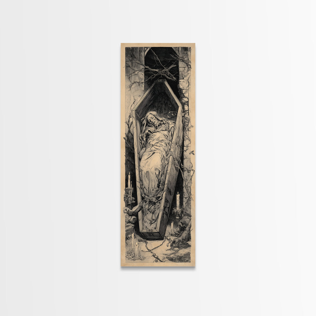 The Coffin Sleeper, Architectural Etching Art, Tall Narrow Wall Art, Gothic Horror Wall Art, Canvas Print, Halloween Wall Art
