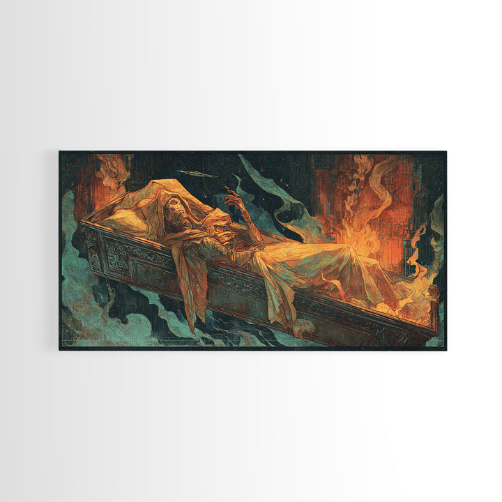 The Coffin Sleeper, Apocalyptic Romantic Art, Wide Panoramic Art, Dark Halloween Decor, Canvas Print, Halloween Wall Art, Dark Fantasy Art