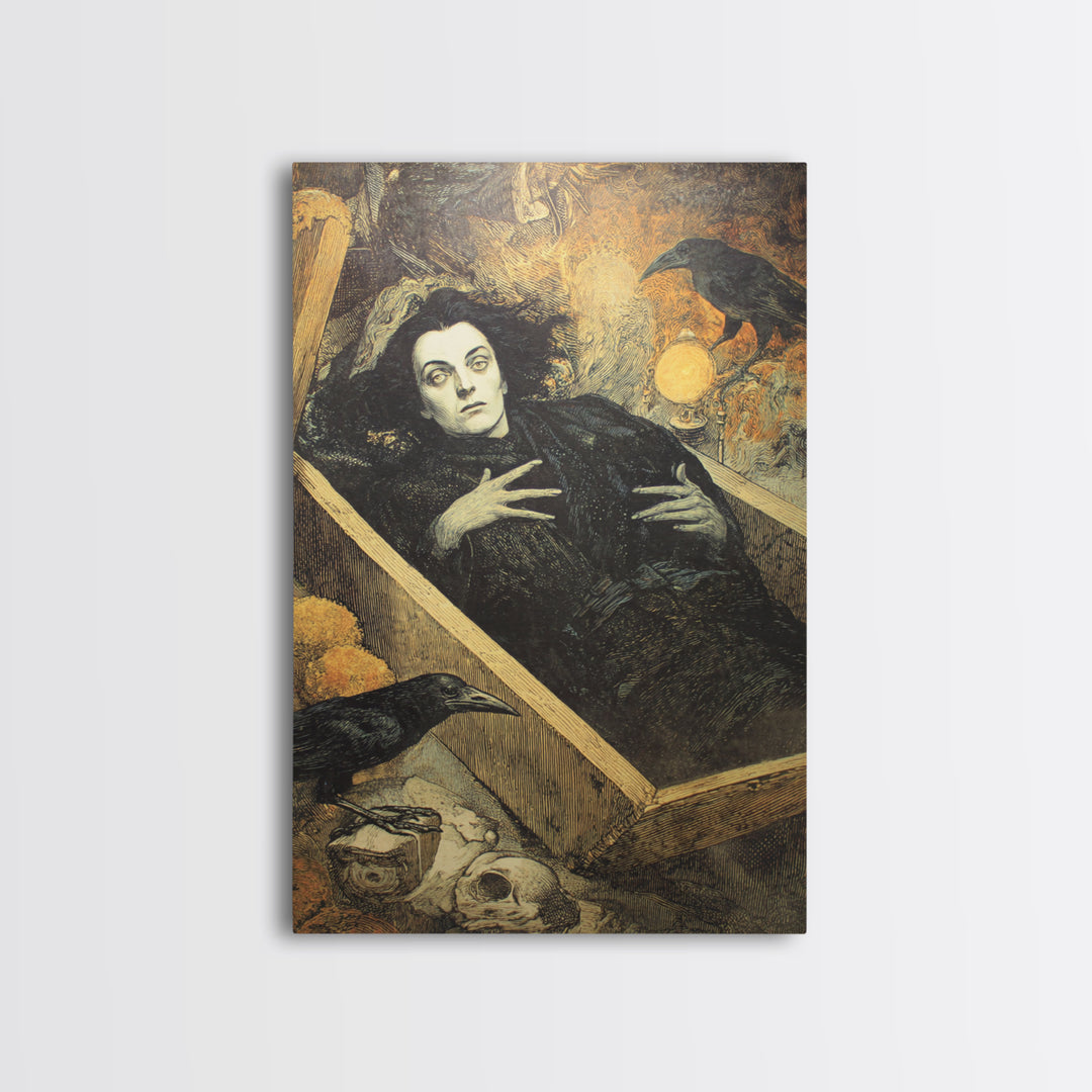 The Coffin Sleeper, Symbolist Etching Art, Vertical Wall Art, Gothic Horror Wall Art, Framed Canvas Print, Halloween Wall Art