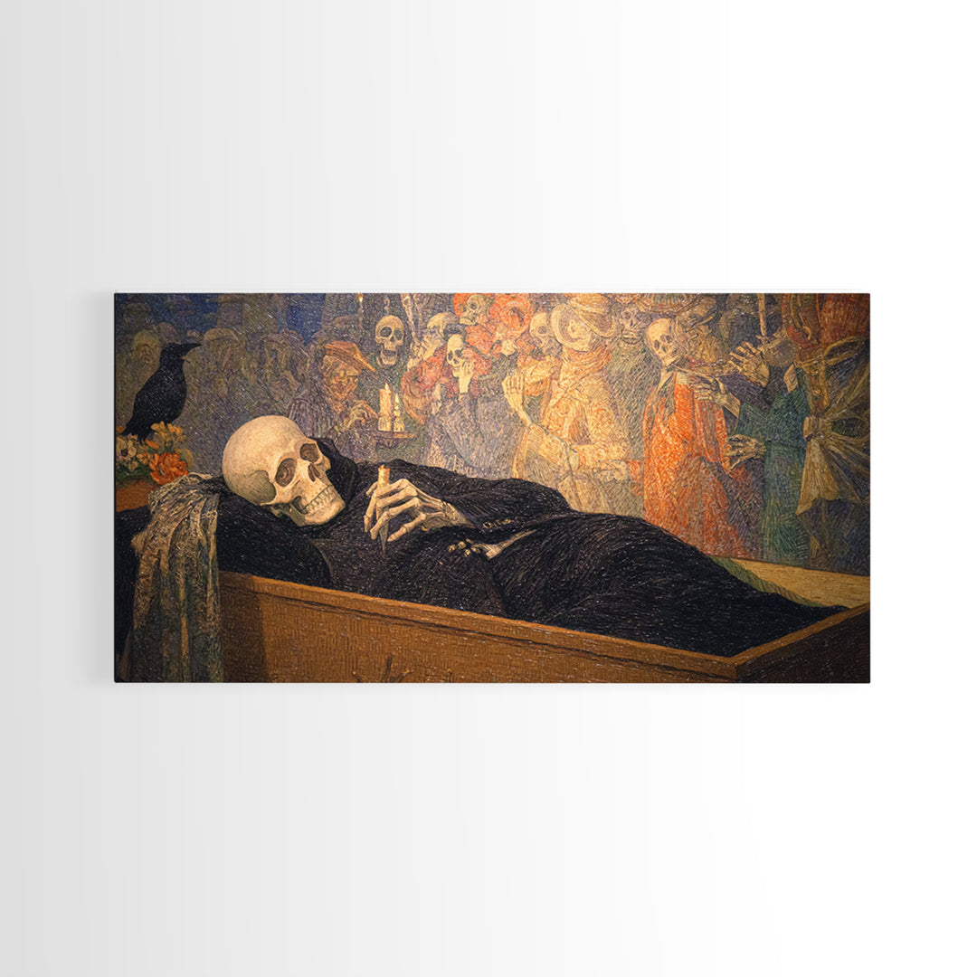 The Coffin Sleeper, Grotesque Carnival Art, Wide Panoramic Art, Dark Halloween Decor, Framed Canvas Print, Halloween Wall Art