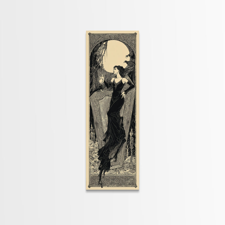 The Coffin Sleeper, Decadent Line Art, Tall Narrow Wall Art, Gothic Horror Wall Art, Canvas Print, Halloween Wall Art