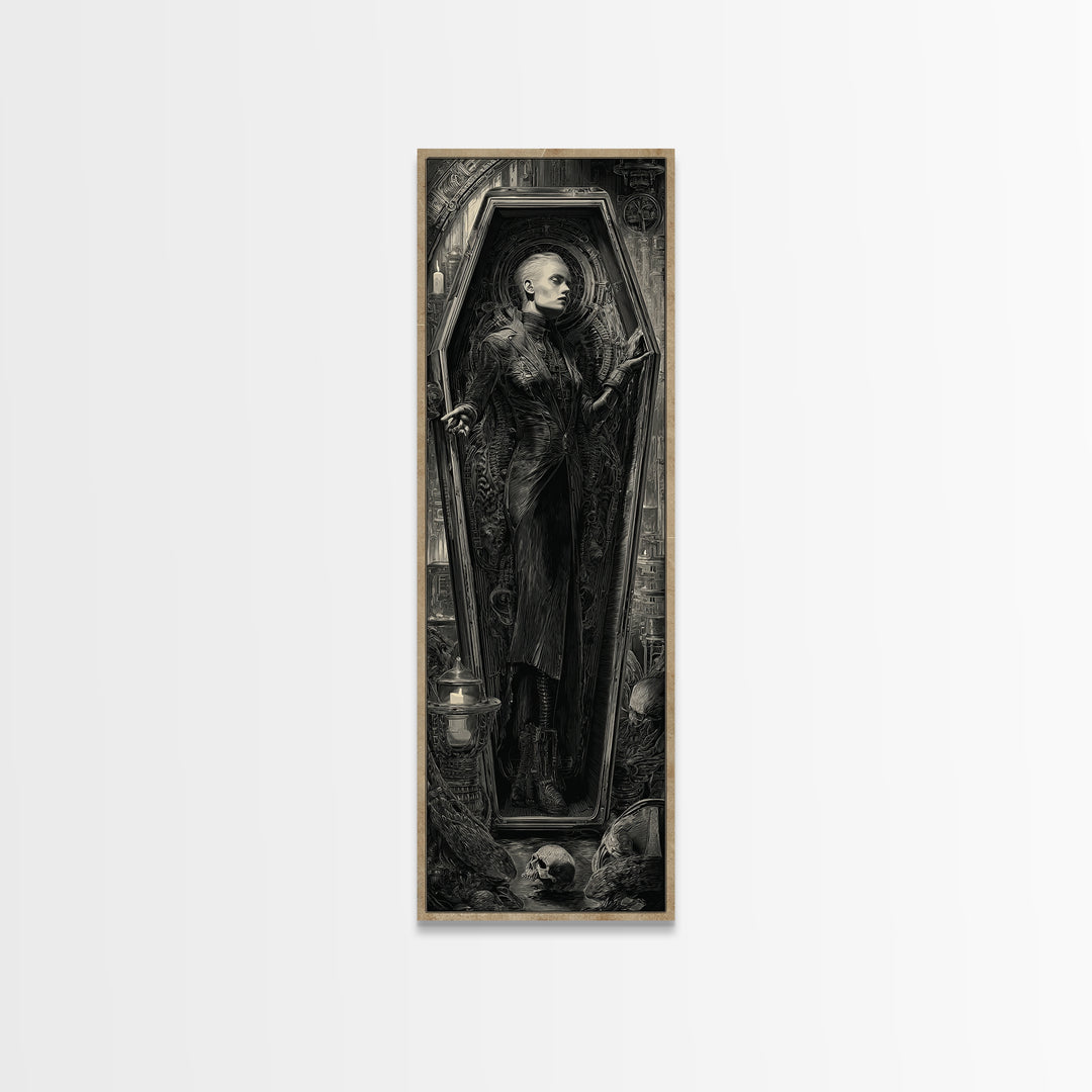 The Coffin Sleeper, Biomechanical Horror Art, Tall Narrow Wall Art, Gothic Horror Wall Art, Framed Canvas Print, Halloween Wall Art