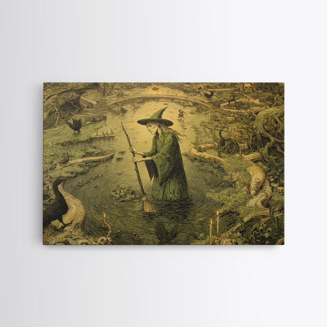 The Swamp Witch, Medieval Grotesque Art, Landscape Wall Art, Gothic Horror Wall Art, Canvas Print, Halloween Wall Art