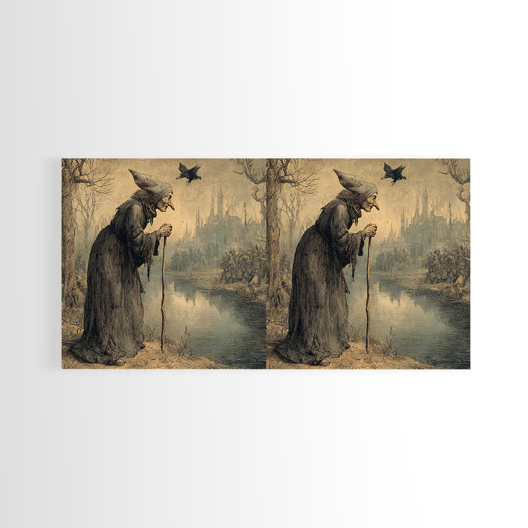 The Swamp Witch, Northern Renaissance Horror, Wide Panoramic Art, Dark Halloween Decor, Canvas Print, Halloween Wall Art